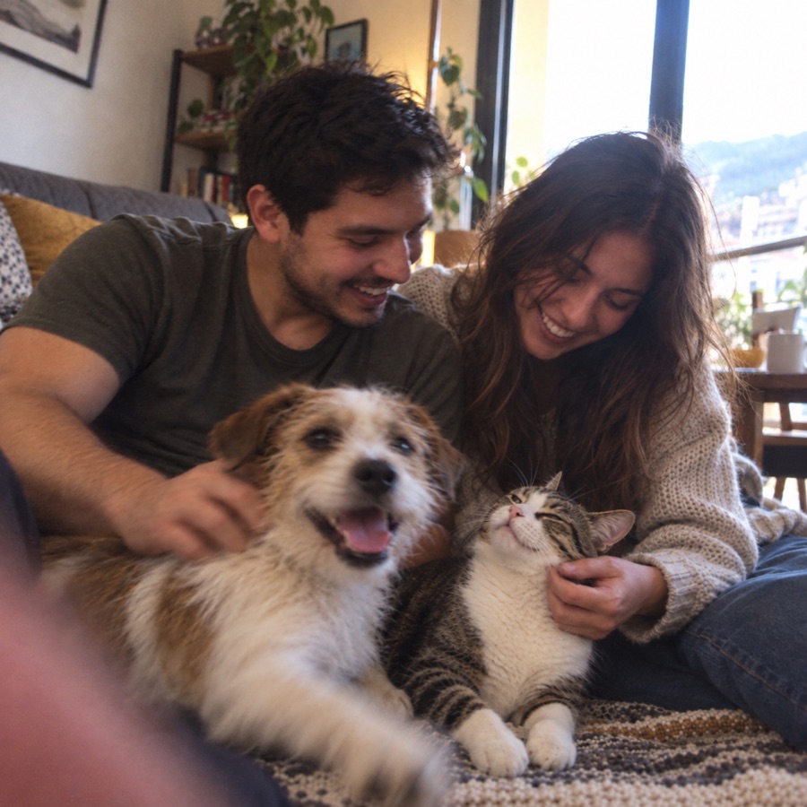 Pareja disfrutando junto a su perro y su gato
