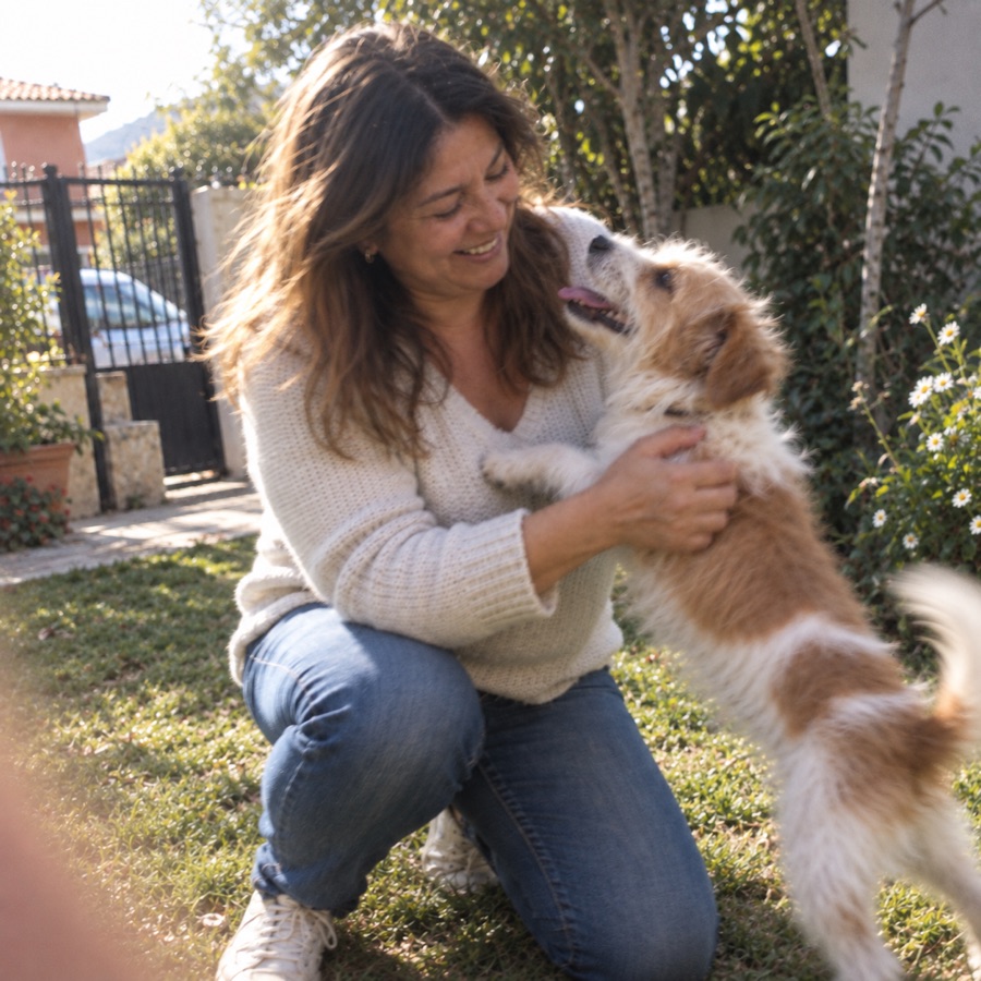 Mujer saludando a su perro en el jardín